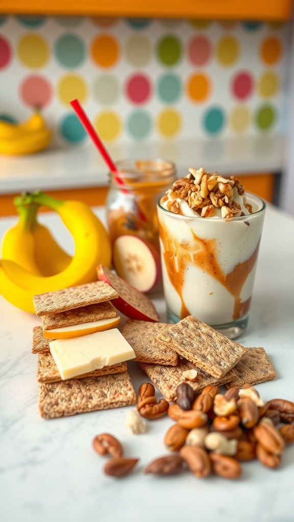 A selection of quick snacks including banana with peanut butter, yogurt parfait, apple slices, cheese crackers, and mixed nuts.